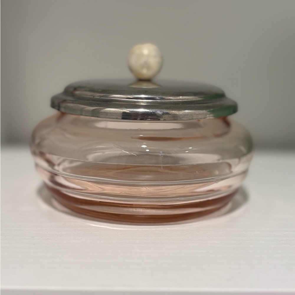 Vintage pink glass jar with metal lid